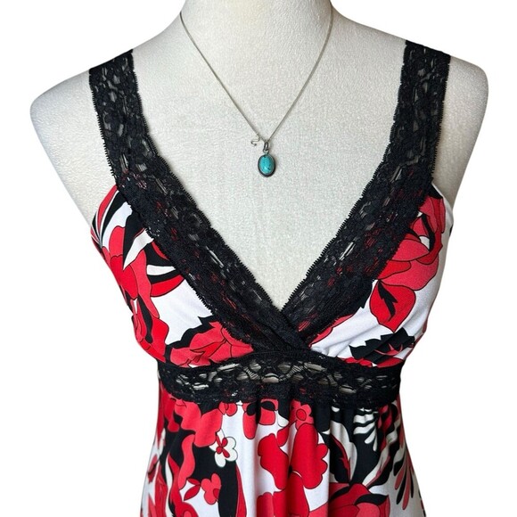 Vintage Forever 21 Babydoll Red Floral Lace Trim Tunic Mini Dress L | Y2K Retro - Picture 5 of 7